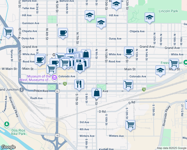 map of restaurants, bars, coffee shops, grocery stores, and more near in Grand Junction