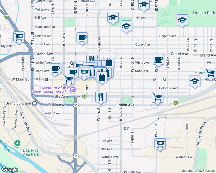 map of restaurants, bars, coffee shops, grocery stores, and more near 805 Colorado Avenue in Grand Junction