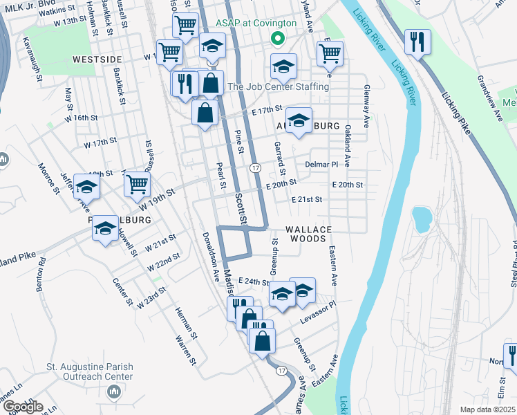 map of restaurants, bars, coffee shops, grocery stores, and more near 2044 Greenup Street in Covington