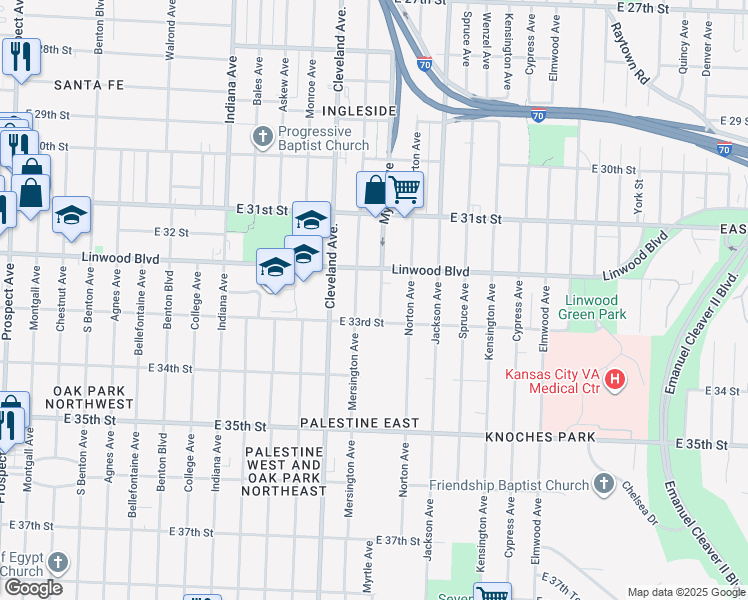 map of restaurants, bars, coffee shops, grocery stores, and more near 3244 Myrtle Avenue in Kansas City