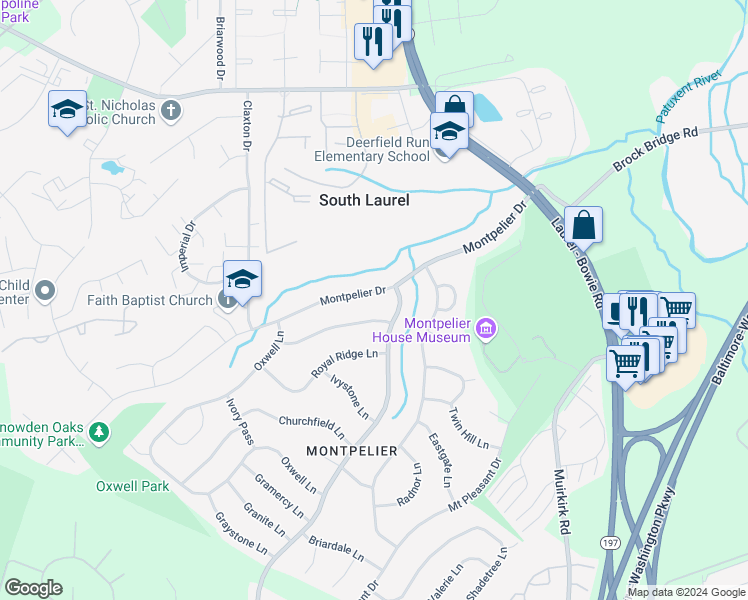 map of restaurants, bars, coffee shops, grocery stores, and more near 9003 Montpelier Drive in Laurel