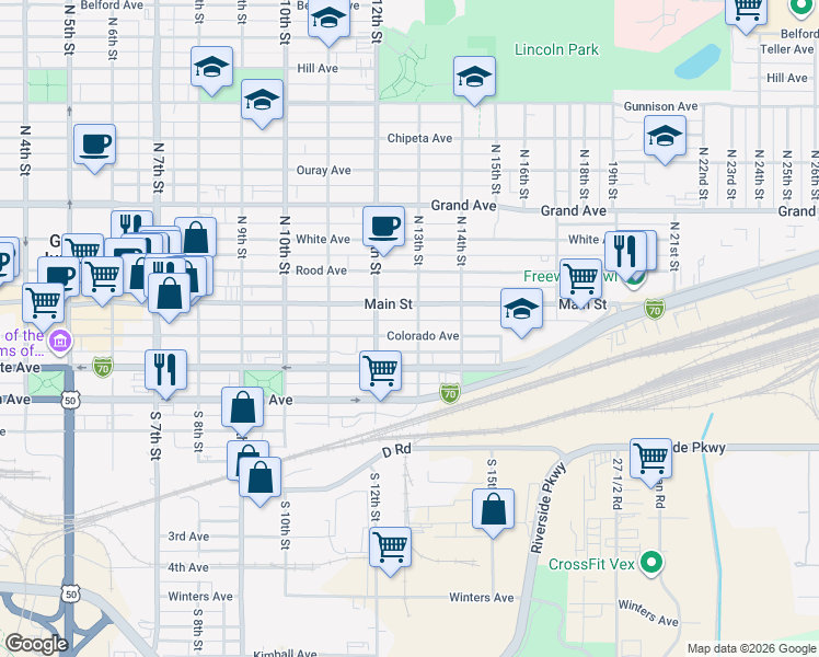 map of restaurants, bars, coffee shops, grocery stores, and more near 220 South 13th Street in Grand Junction