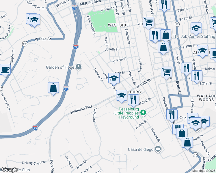 map of restaurants, bars, coffee shops, grocery stores, and more near 509 Hawthorne Street in Covington