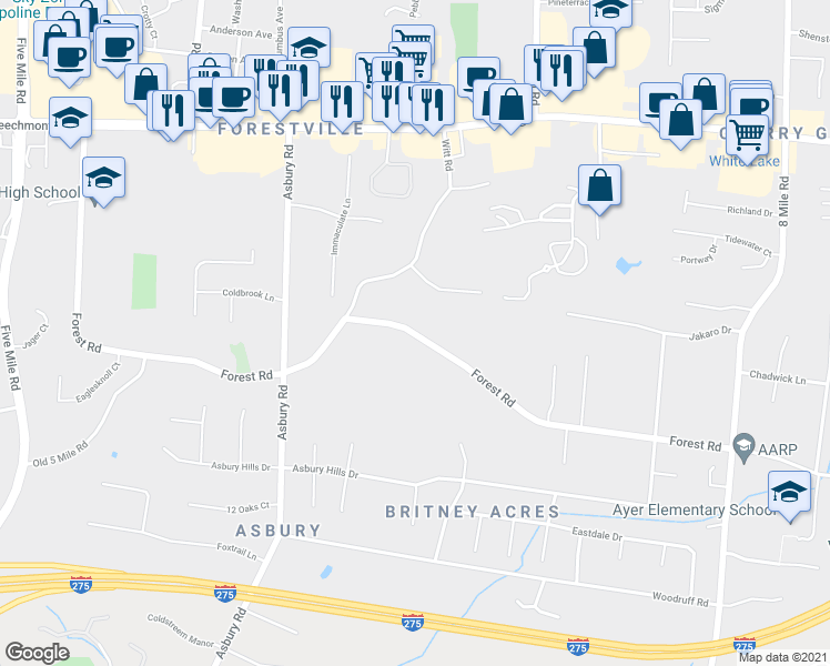 map of restaurants, bars, coffee shops, grocery stores, and more near 8175 Forest Road in Cincinnati