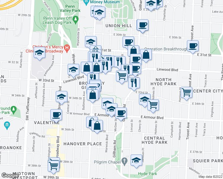 map of restaurants, bars, coffee shops, grocery stores, and more near 37 in Kansas City