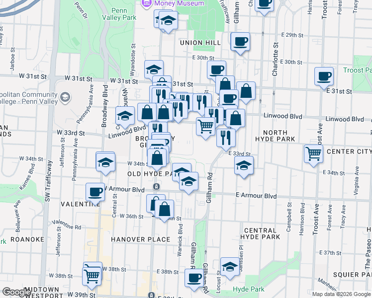map of restaurants, bars, coffee shops, grocery stores, and more near 41 in Kansas City