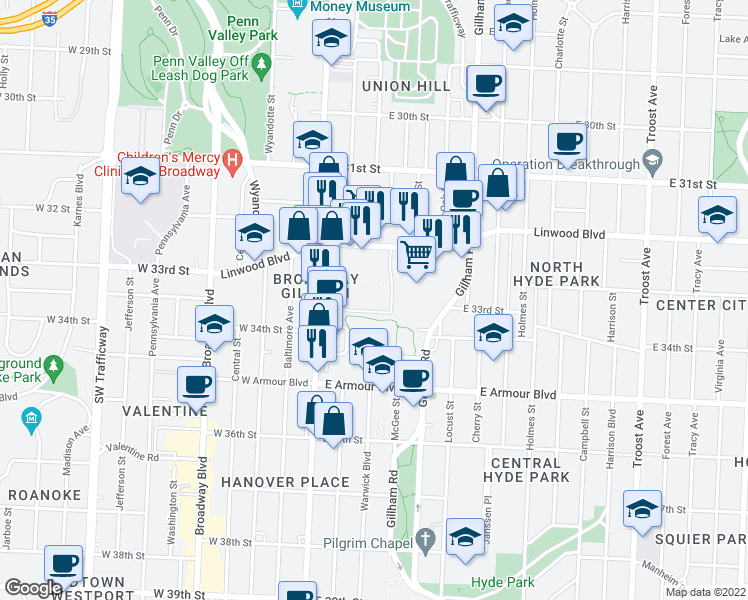 map of restaurants, bars, coffee shops, grocery stores, and more near 43 in Kansas City