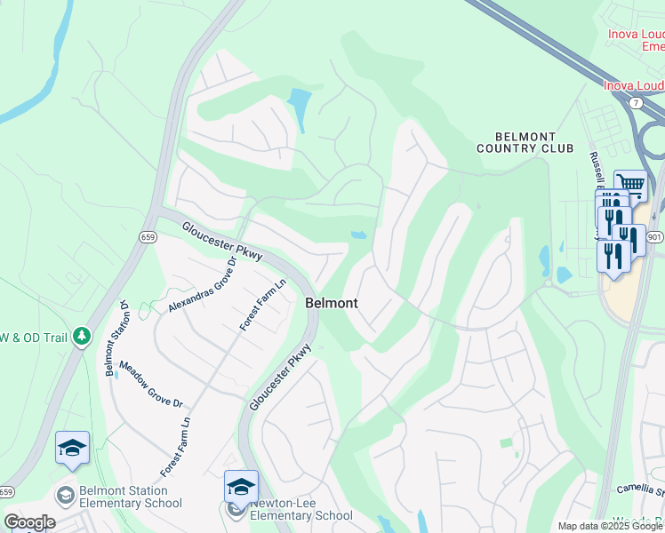 map of restaurants, bars, coffee shops, grocery stores, and more near 19858 La Bete Ct in Ashburn