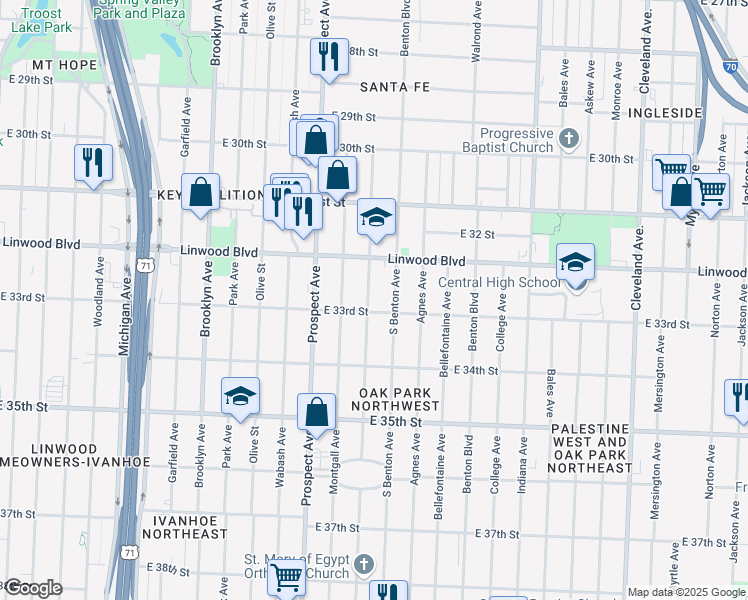 map of restaurants, bars, coffee shops, grocery stores, and more near 3237 Chestnut Avenue in Kansas City