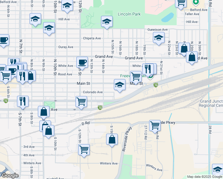 map of restaurants, bars, coffee shops, grocery stores, and more near 200-280 S 15th St in Grand Junction