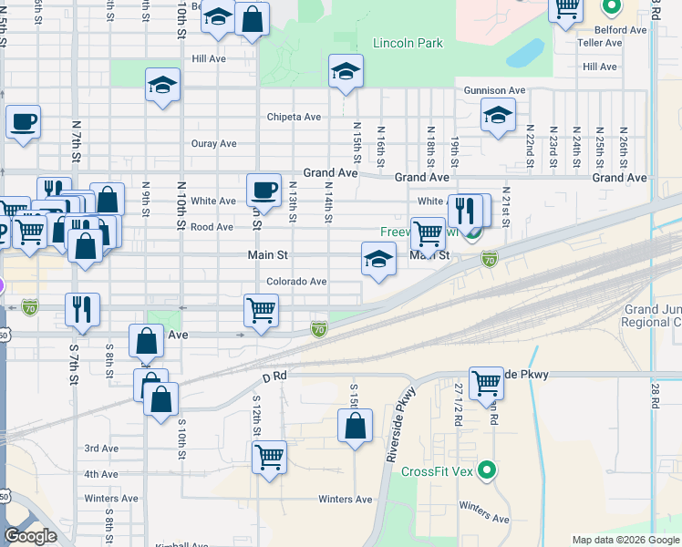 map of restaurants, bars, coffee shops, grocery stores, and more near 200-220 South 14th Street in Grand Junction