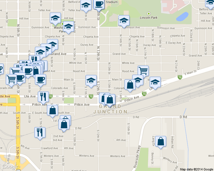 map of restaurants, bars, coffee shops, grocery stores, and more near 220 South 13th Street in Grand Junction