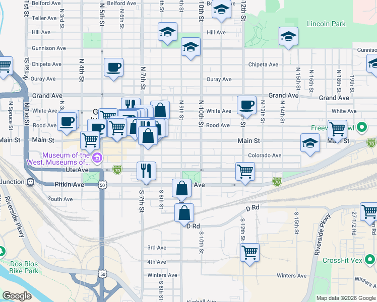 map of restaurants, bars, coffee shops, grocery stores, and more near 947 Colorado Avenue in Grand Junction