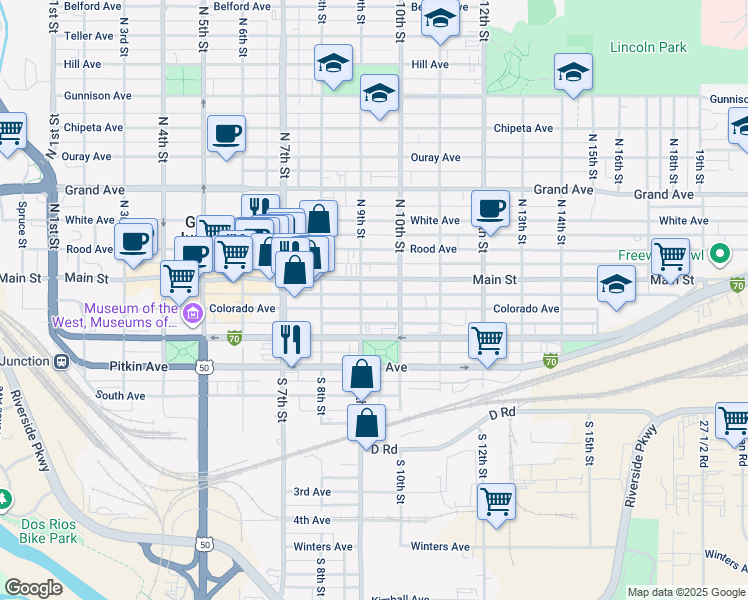 map of restaurants, bars, coffee shops, grocery stores, and more near 947 Colorado Avenue in Grand Junction