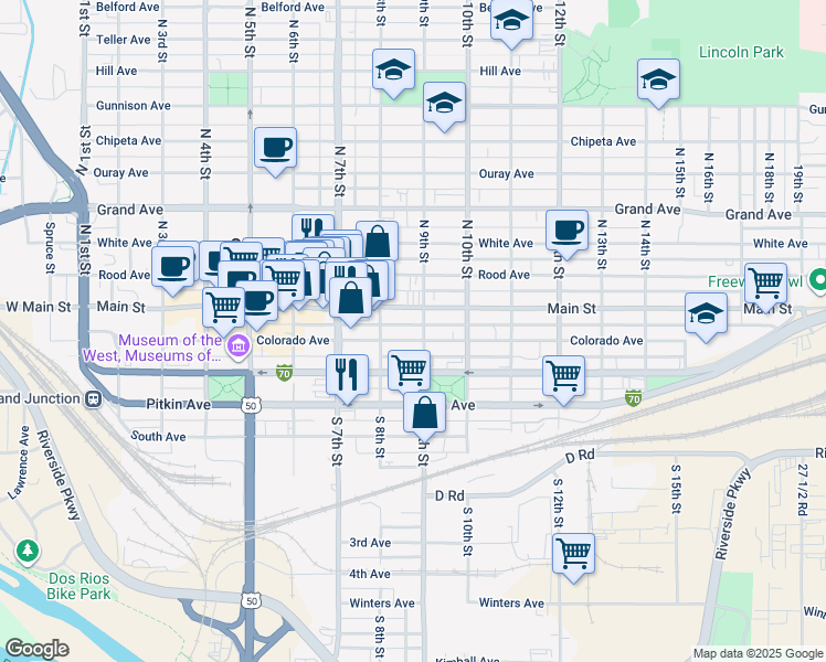 map of restaurants, bars, coffee shops, grocery stores, and more near in Grand Junction