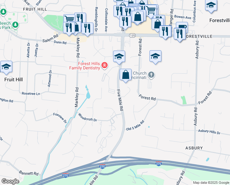map of restaurants, bars, coffee shops, grocery stores, and more near 7850 Five Mile Road in Cincinnati