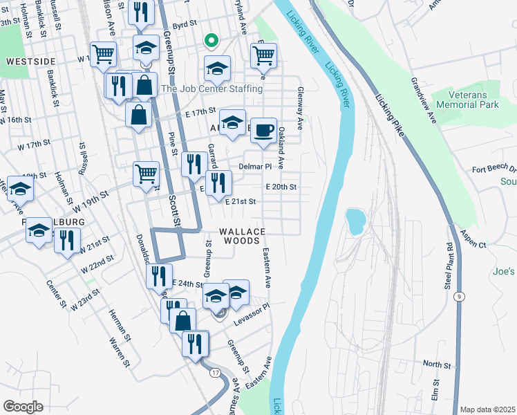 map of restaurants, bars, coffee shops, grocery stores, and more near 2118 Maryland Avenue in Covington