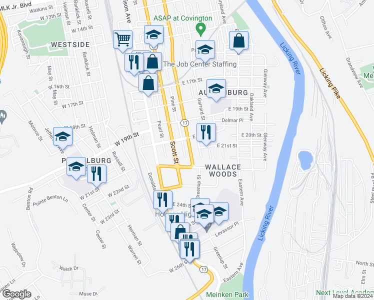 map of restaurants, bars, coffee shops, grocery stores, and more near 2044 Greenup Street in Covington