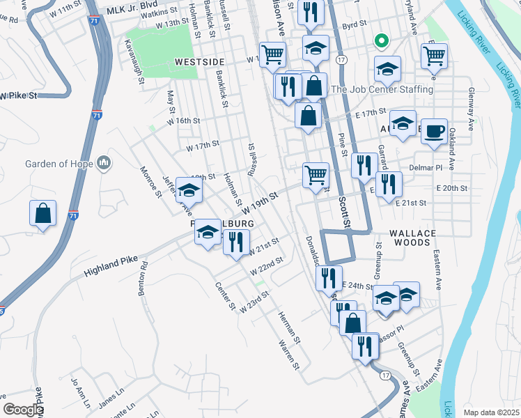 map of restaurants, bars, coffee shops, grocery stores, and more near 218 West 20th Street in Covington