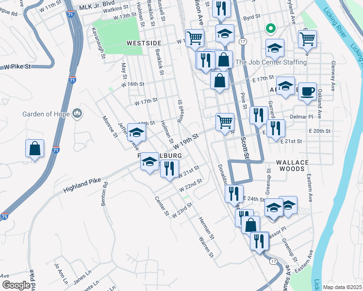 map of restaurants, bars, coffee shops, grocery stores, and more near 218 West 20th Street in Covington