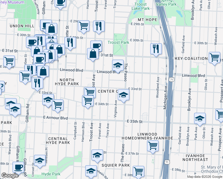map of restaurants, bars, coffee shops, grocery stores, and more near 3321 Tracy Avenue in Kansas City
