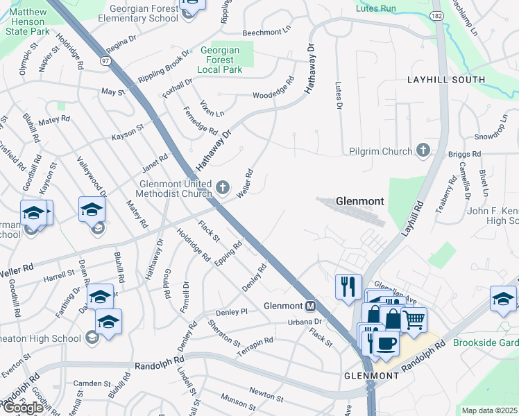 map of restaurants, bars, coffee shops, grocery stores, and more near 2708 Atlanta Drive in Silver Spring