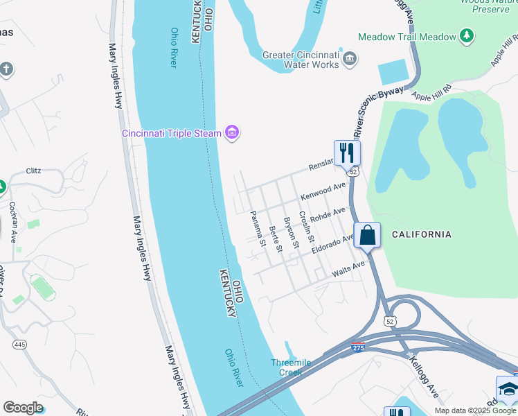 map of restaurants, bars, coffee shops, grocery stores, and more near 5784 Panama Street in Cincinnati