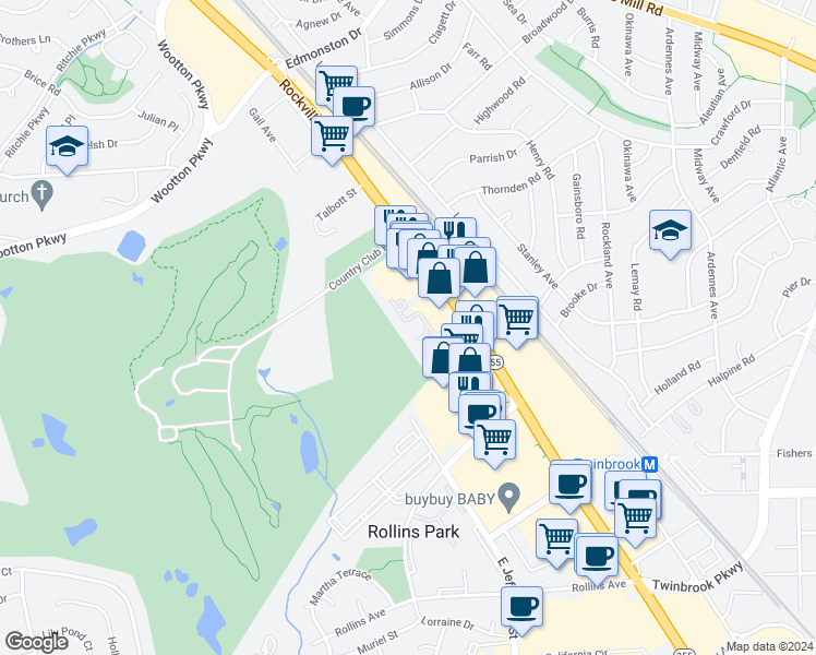 map of restaurants, bars, coffee shops, grocery stores, and more near 1369 Templeton Place in Rockville