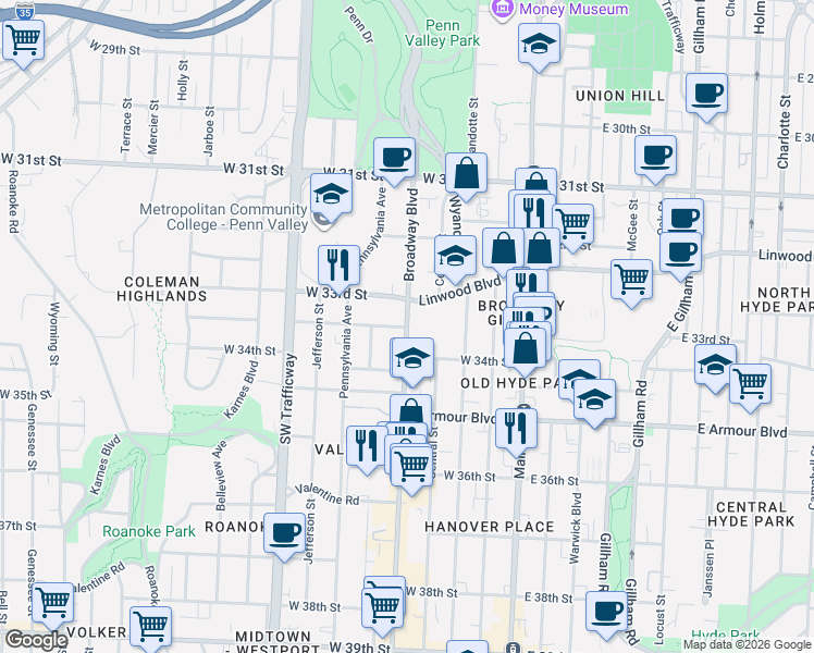 map of restaurants, bars, coffee shops, grocery stores, and more near 4181 Broadway Street in Kansas City