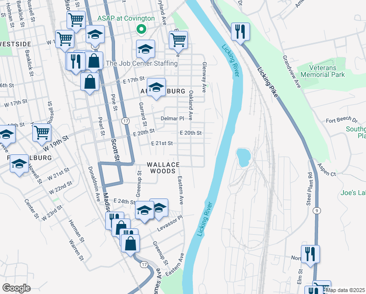 map of restaurants, bars, coffee shops, grocery stores, and more near 507 East 21st Street in Covington