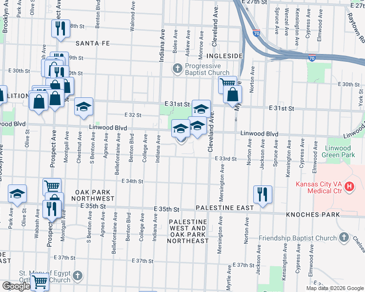 map of restaurants, bars, coffee shops, grocery stores, and more near 3221 Indiana Avenue in Kansas City