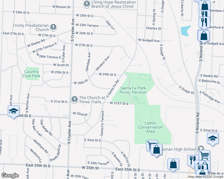 map of restaurants, bars, coffee shops, grocery stores, and more near 8900 Old Santa Fe Road in Kansas City