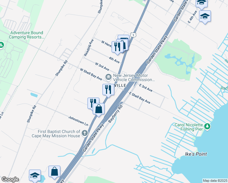 map of restaurants, bars, coffee shops, grocery stores, and more near 1008 South Route 9 in Cape May County