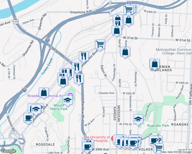 map of restaurants, bars, coffee shops, grocery stores, and more near 2122 Bristow Street in Kansas City