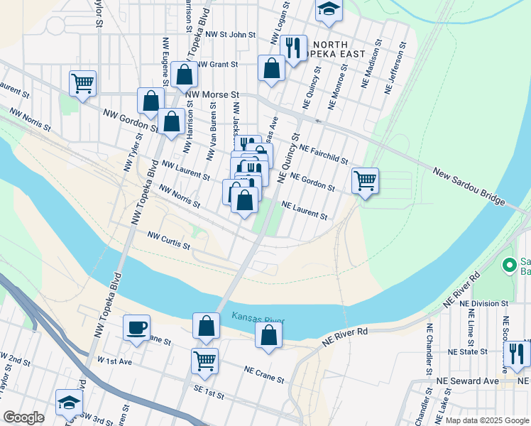 map of restaurants, bars, coffee shops, grocery stores, and more near 800 North Kansas Avenue Bridge in Topeka