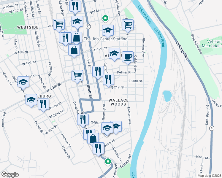 map of restaurants, bars, coffee shops, grocery stores, and more near 2045 Garrard Street in Covington
