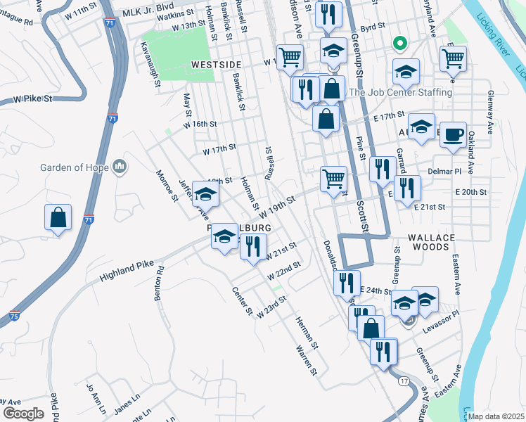 map of restaurants, bars, coffee shops, grocery stores, and more near 218 West 20th Street in Covington