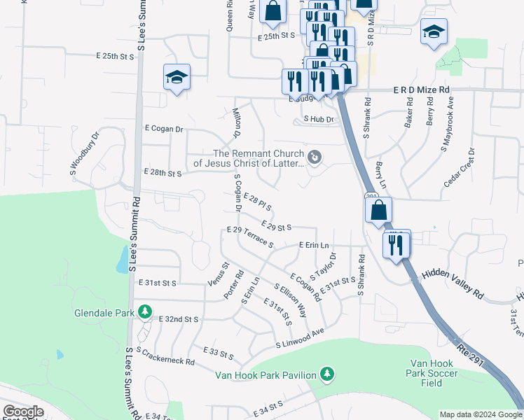 map of restaurants, bars, coffee shops, grocery stores, and more near 16705 East 29th Street in Independence