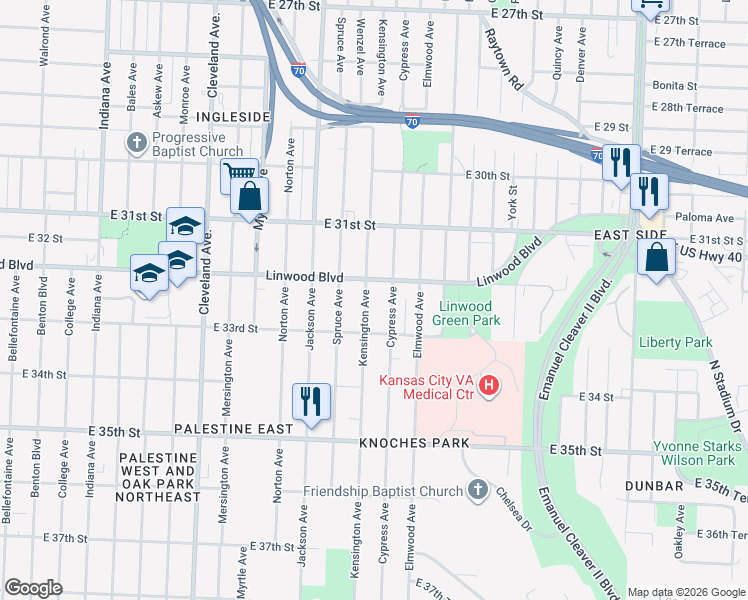 map of restaurants, bars, coffee shops, grocery stores, and more near 3234 Cypress Avenue in Kansas City