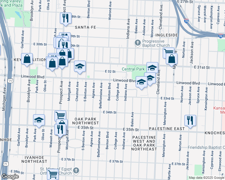 map of restaurants, bars, coffee shops, grocery stores, and more near 3242 College Avenue in Kansas City