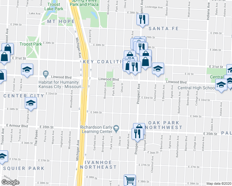 map of restaurants, bars, coffee shops, grocery stores, and more near 3306 Olive Street in Kansas City