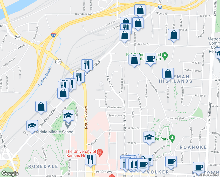 map of restaurants, bars, coffee shops, grocery stores, and more near 3059 Francis Street in Kansas City