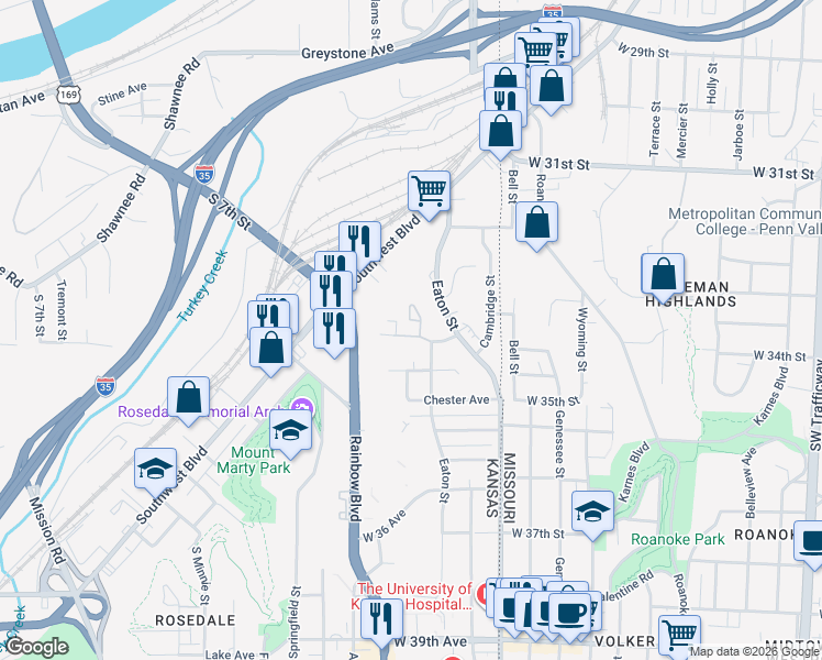 map of restaurants, bars, coffee shops, grocery stores, and more near 2122 Bristow Street in Kansas City