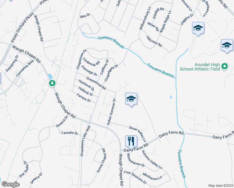 map of restaurants, bars, coffee shops, grocery stores, and more near 2241 Indian Summer Drive in Odenton