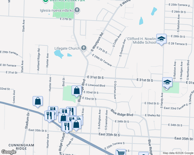 map of restaurants, bars, coffee shops, grocery stores, and more near 9600 East Linwood Boulevard in Independence