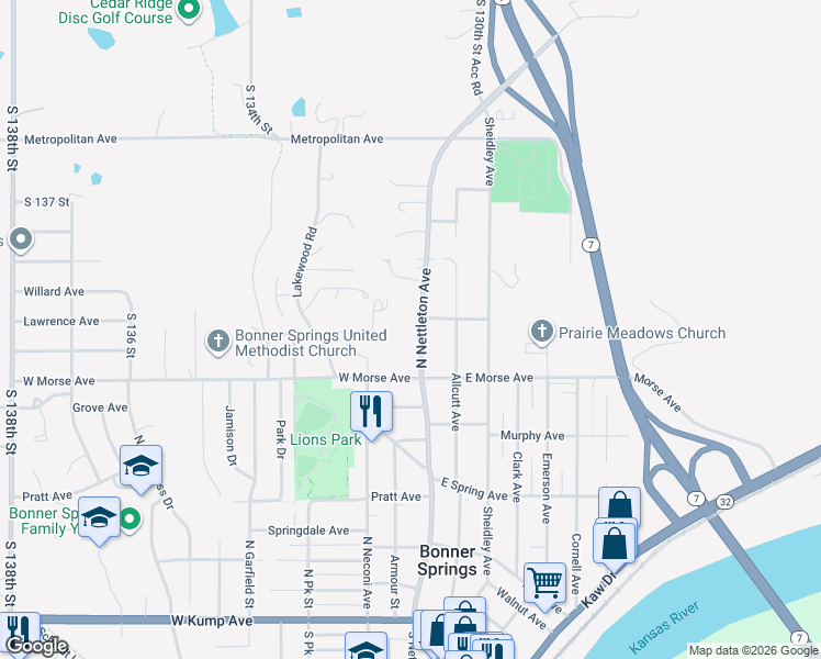 map of restaurants, bars, coffee shops, grocery stores, and more near 113 West Morse Avenue in Bonner Springs