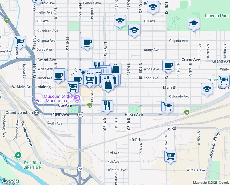 map of restaurants, bars, coffee shops, grocery stores, and more near 127 South 8th Street in Grand Junction