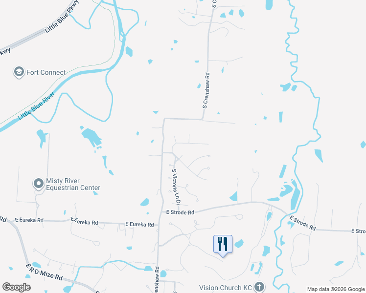 map of restaurants, bars, coffee shops, grocery stores, and more near 2616 South Bly Court in Blue Springs