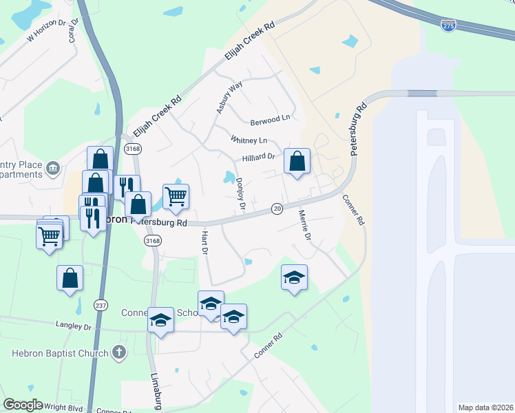 map of restaurants, bars, coffee shops, grocery stores, and more near 1720 Petersburg Road in Hebron