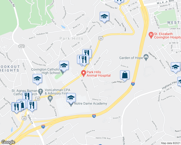 map of restaurants, bars, coffee shops, grocery stores, and more near 612 Rosemont Avenue in Covington